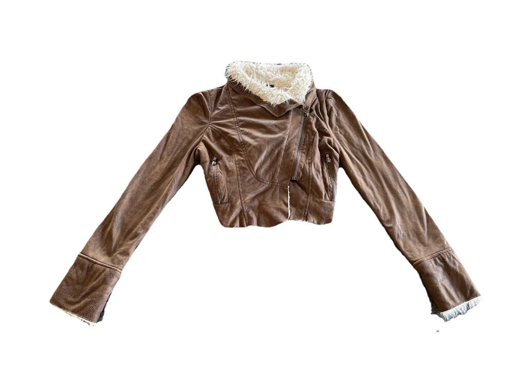 Coat Womens Medium Leather Fur Liner Brown Cropped Shearling Vintage